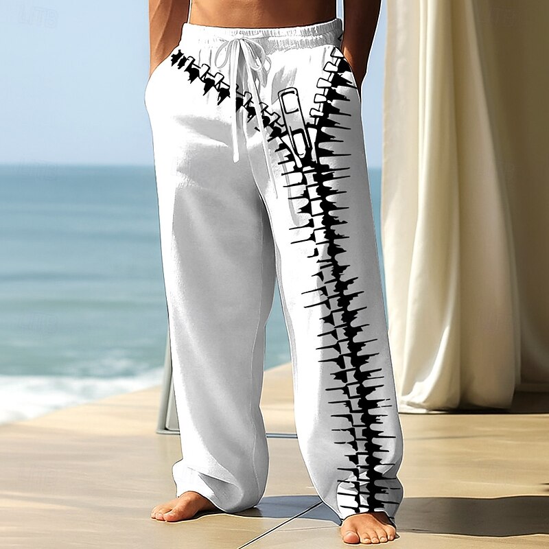 Men's Optical Illusion Zipper Trousers Baggy Pants Casual Pants Mid Waist Fashion Outdoor Vacation Streetwear Elastic Drawstring Waist Linen-Like Pants with Pockets Spring Fall 3D Print Black White