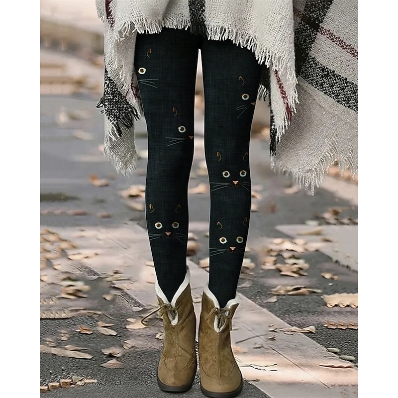 Women's Pants Trousers Leggings Cozy Leggings Streetwear Casual Full Length High Waist Cat Striped Elastic Waist Print Breathability Comfortable Stretchy Vacation Street Daily Wear Black 1# Black2