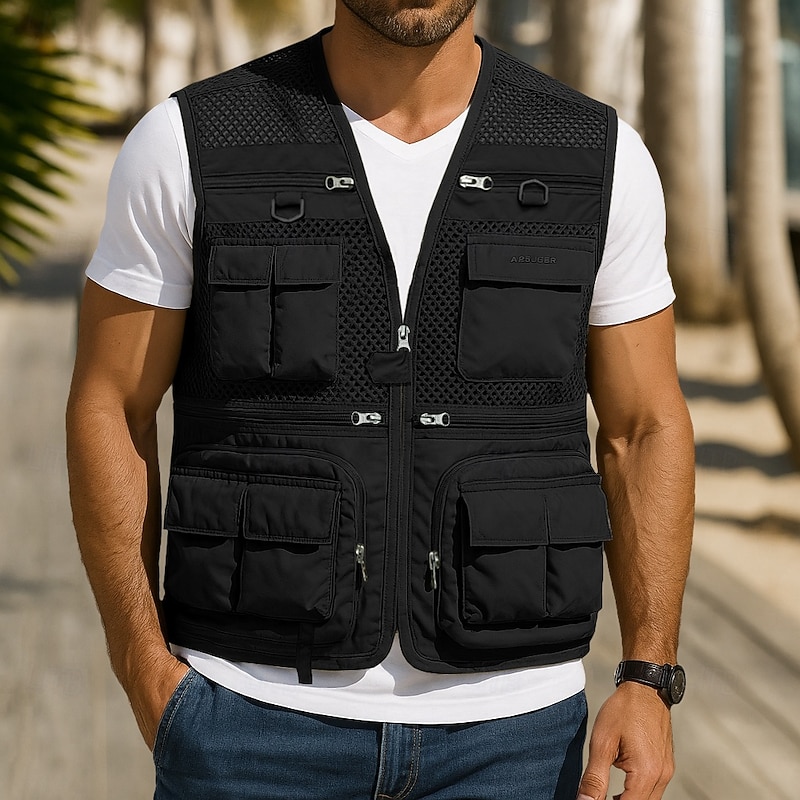 Men's Outdoor Vest Tactical Jacket Outdoor Sports Outdoor Fishing Camping & Hiking Active Casual Summer Spring Multi Pocket Multi Layer Polyester Mesh Tactical Zipper V Neck Regular Fit Black Red3