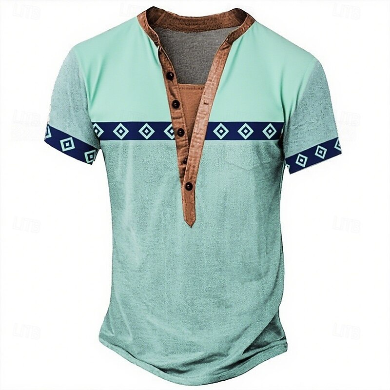 Men's Tribal Ethnic T Shirt Henley Shirt Tee Short Sleeve Designer Basic Ethnic Outdoor Casual Daily Summer Light Green Khaki Henley Henley T-Shirt