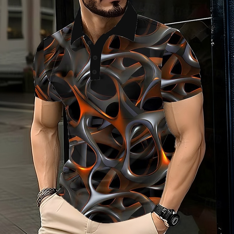 Men's Abstract Geometic Polo Short Sleeve Polo Shirts Lapel Casual Street Athleisure Daily Wear 3D Print Buttons Summer Red Blue Orange