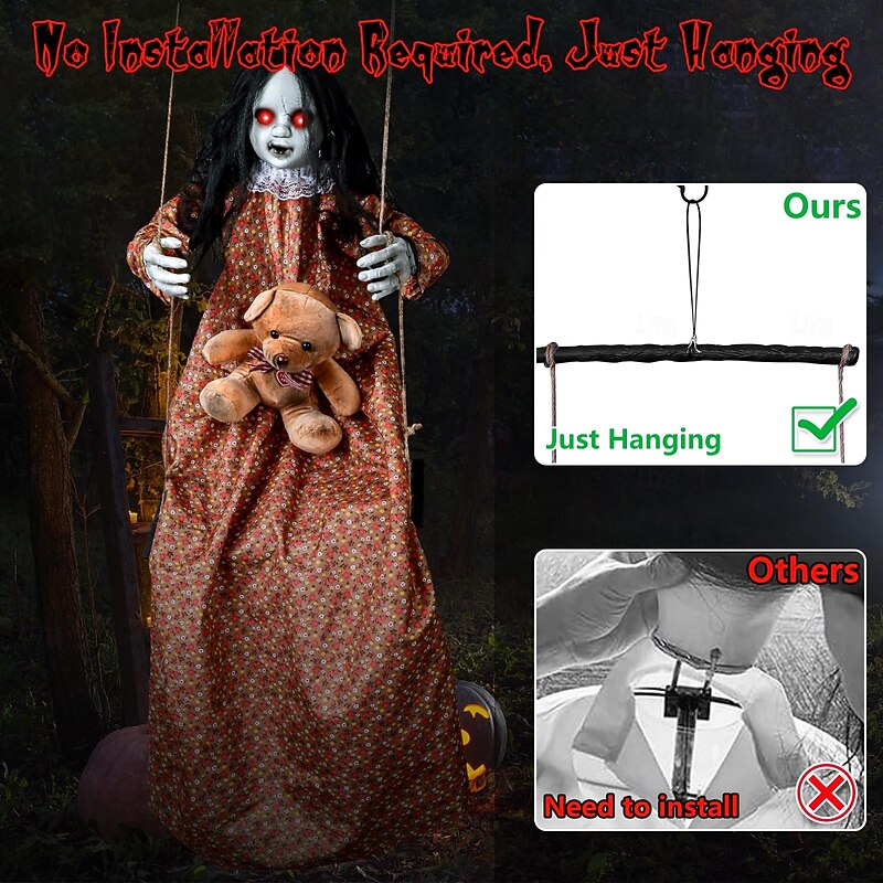 3.75ft Scary Halloween Decoration Outdoor, Halloween Hanging Swinging Girl, Sound and Touch Activated/Creepy Sounds/Light Up Eyes Scary Expression, Halloween Decoration Props, Suitable for Indoor and4