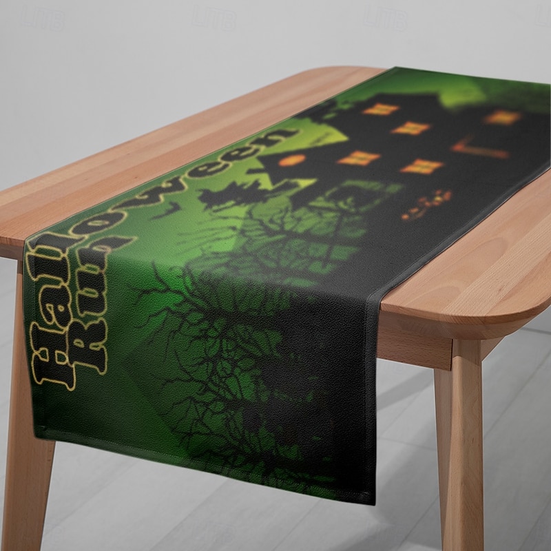 Halloween Green Castle Table Runner - Digital Printed Rectangular Tablecloth 33x180cm for Restaurant Banquet & Party Decor
