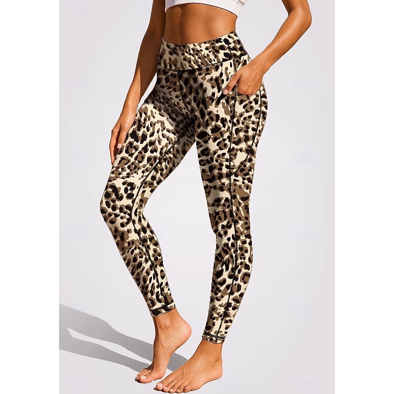 Women's pilates leggings fitness pants Gym Leggings Pockets Stamp Duty Side Pockets Pilates Gym Gym Workout Pants Tights Leggings Graphic Leopard Print Dark Red Blue Purple Sports Activewear Stretchy3
