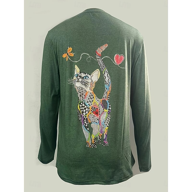 Women's T shirt Long Sleeve Floral Graphic Cat Vintage Stylish Classic Long Sleeve Crew Neck Regular Tops Daily Print Black Blue Green  Spring Fall Prefall2