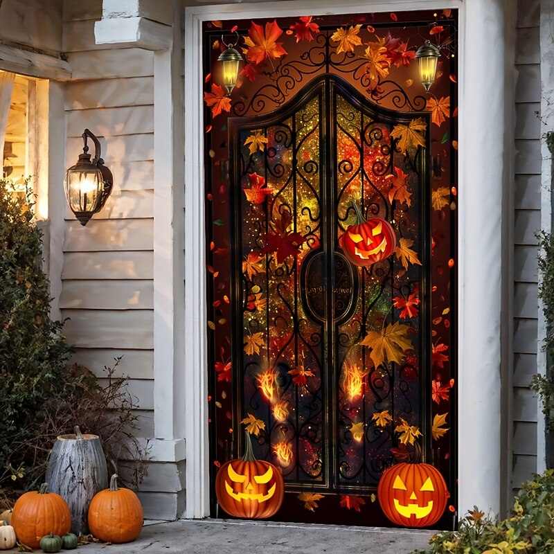 Halloween Door Cover – Glowing Pumpkin Archway with Autumn Leaves, Haunted House Entrance Banner, Spooky Outdoor 2025 Halloween Decoration for Bedroom, Living Room, Bathroom