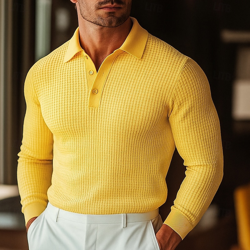 Men's Waffle Polo Shirts Golf Shirt Street Casual Lapel Long Sleeve Basic Modern Plain Textured Buttons Spring Fall All Seasons Regular Fit White Black Blue Yellow Waffle Polo Shirts