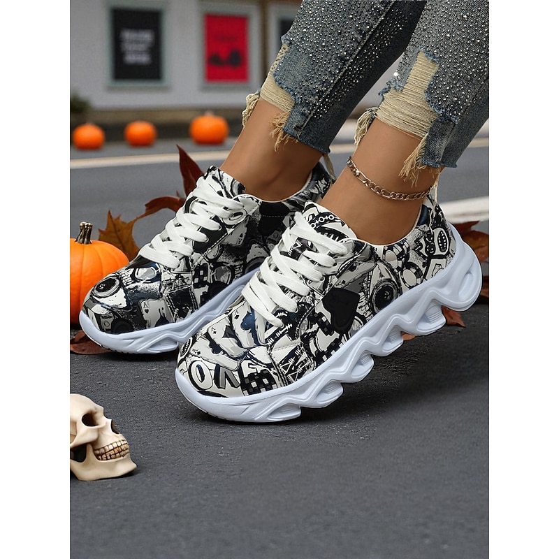Women's Black and White Graffiti Halloween Sneakers - Chunky Sole Athletic Walking Shoes for Urban Streetwear, Fall Outfits and Costume Parties2