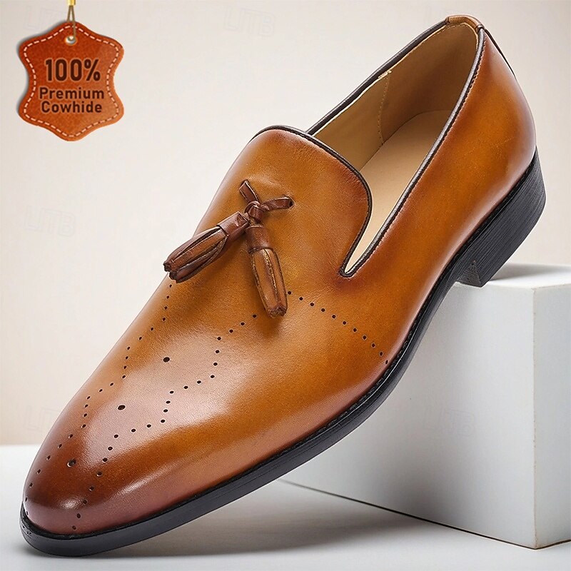Men's Light Brown Leather Tassel Loafers – Classic Slip-On Formal Shoes with Perforated Design for Office, Cocktail Party and Wedding - Main Image