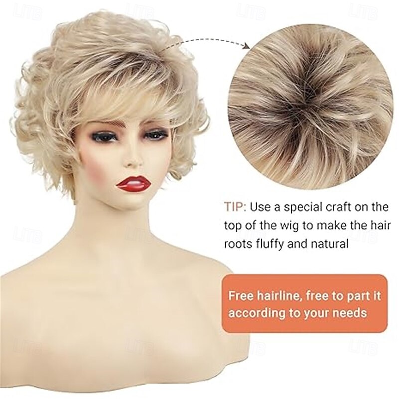 Short Blonde Curly Wigs for White Women Layered Ombre Blonde Pixie Cut Wig with Bangs Natural Looking Synthetic Full Wigs for Daily Party4