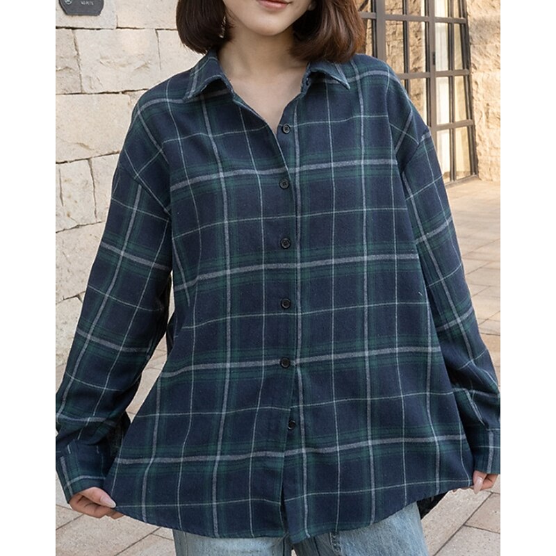 Women's Shirt Blouse Plaid Casual Long Sleeve Shirt Collar Regular Tops Daily Holiday Going out Buttons Red Navy Blue Fall4