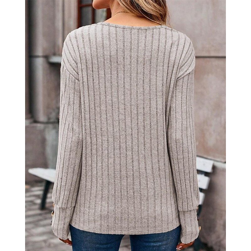 Women's Sweater Pullover Daily Stylish Casual Solid Color Ribbed V Neck Buttons Knitted Long Sleeve Regular Tops Knit Daily Holiday Going out Black Wine Fall Winter3