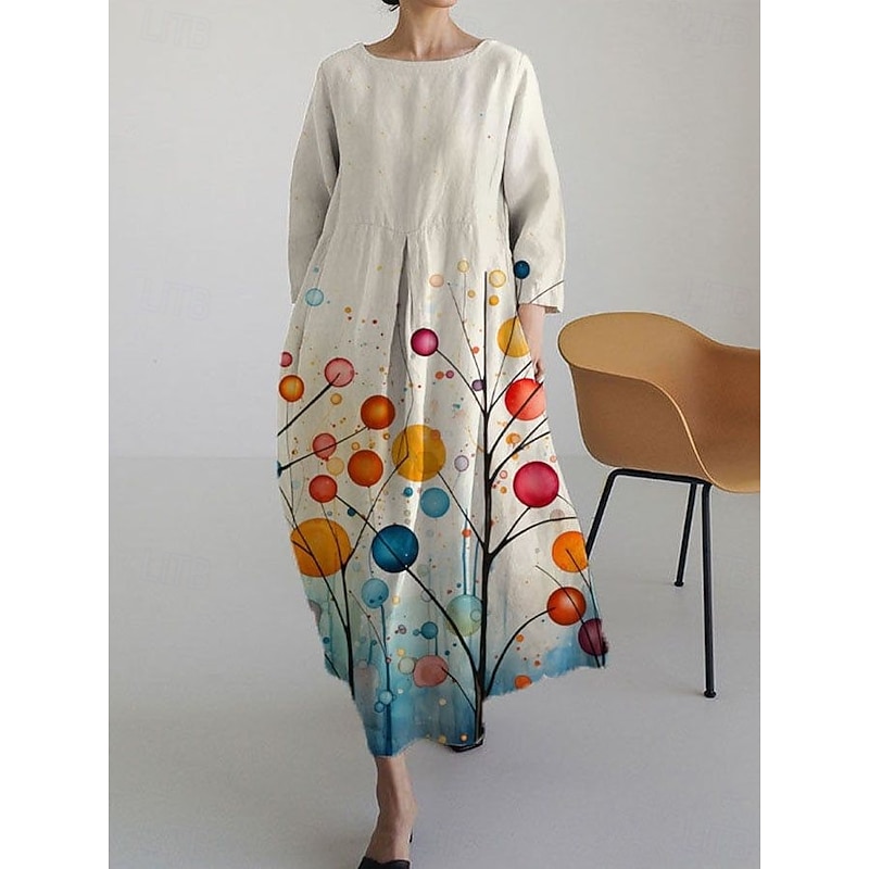 Women's Maxi Dress A Line Dress Fit And Flare Dress Party Casual Boho Party Wedding Guest Daily Floral Graphic Polka Dot Long Sleeve Crew Neck White Pink Green Spring Fall Winter Autumn3