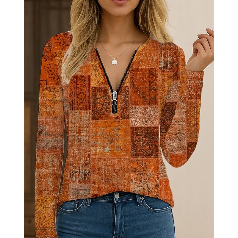 Women's T Shirt Floral Casual Long Sleeve V Neck Regular Tops Daily Going out Print Navy Blue Orange Beige Gray Fall