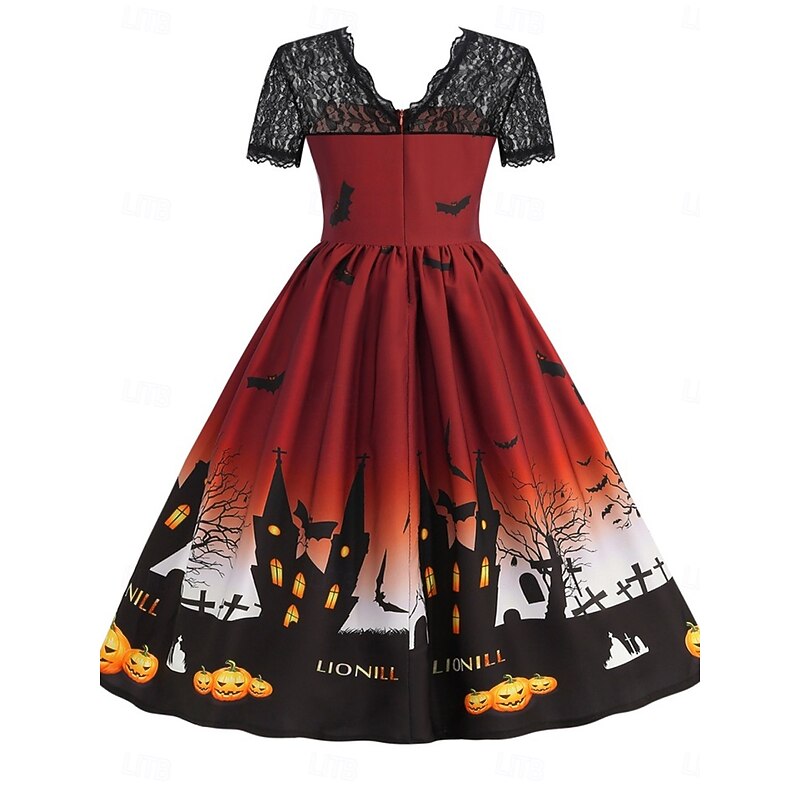 Halloween Women's Castle Print Midi Dress A Line Dress Fit And Flare Dress Casual Daily Holiday Regular Fit Pumpkin Spider web Short Sleeve Crew Neck Black Red Blue Purple Summer Spring Fall2