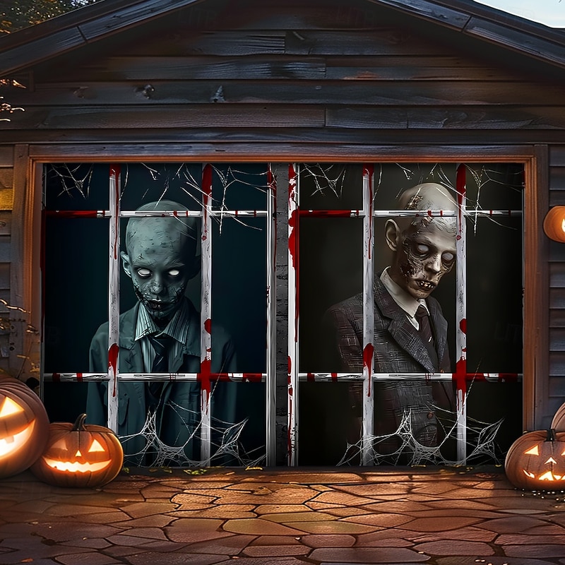 Halloween Garage Door Cover Large Hanging Backdrop Zombie Containment Unit 3D Dark Punk Gothic Style Party Outdoor Shooting Backgrounds Yard Haunted House Home Decor2