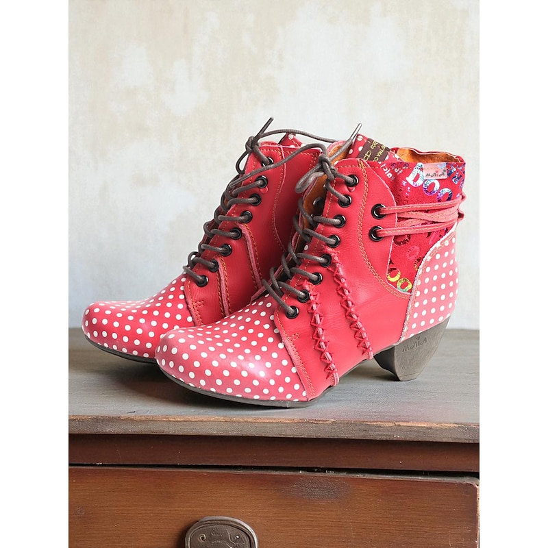Women's 1950s Retro Polka Dot Ankle Boots – Blue Lace-Up Patchwork Leather Booties with Low Heels, Colorful Stitching, and Vintage Style for Casual Outfits, Festivals and Artistic Fashion Looks