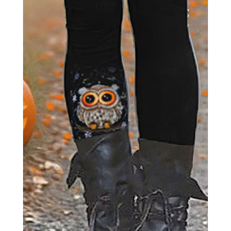 Women's Pants Trousers Leggings Cozy Leggings Streetwear Casual Full Length High WaistPantsHalloween Animal Owl Elastic Waist Print Breathability Comfortable Stretchy Vacation Street Daily Wear Black3