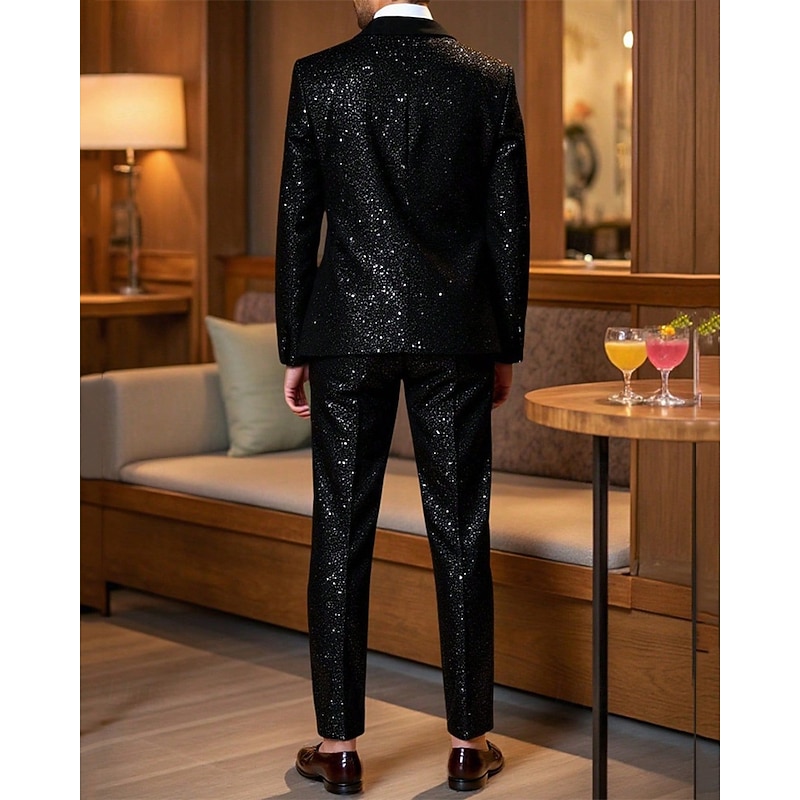 Men's Blazer Set Business Cocktail Party Wedding Party 2 Piece Fashion Casual Spring Fall Polyester Plain Pocket Glitter Comfortable Single Breasted Blazer Black2