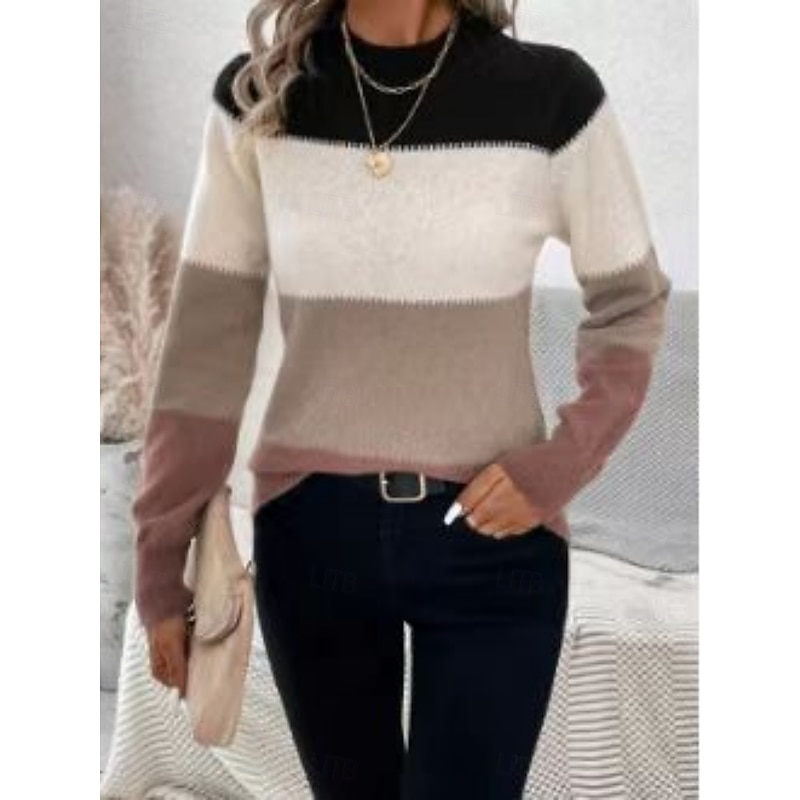 Women's Sweater Casual Soft Striped Ribbed Crew Neck Patchwork Knitted Long Sleeve Regular Tops Knit Outdoor Daily Weekend Pink Camel Fall Winter