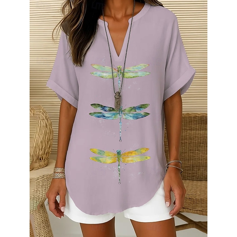 Women's Boho Shirt Graphic Animal Dragonfly Bohemia Vintage Daily Sleeveless Short Sleeve V Neck Regular Tops Daily Holiday Semi Formal White Light Green Royal Blue Blue Purple Summer Spring3
