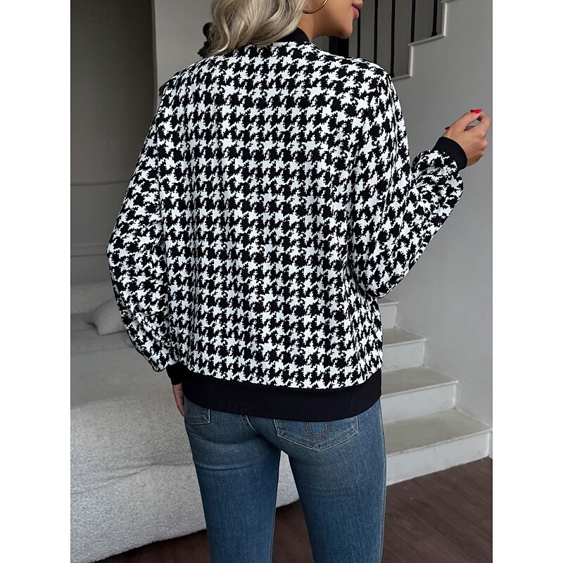 Women's Casual Jacket Comfortable Breathable Zipper Print Casual Houndstooth Vacation Street Casual Daily Wear Zipper Regular Stand Collar Regular Fit Long Sleeve Outerwear Black Grey Black Summer2