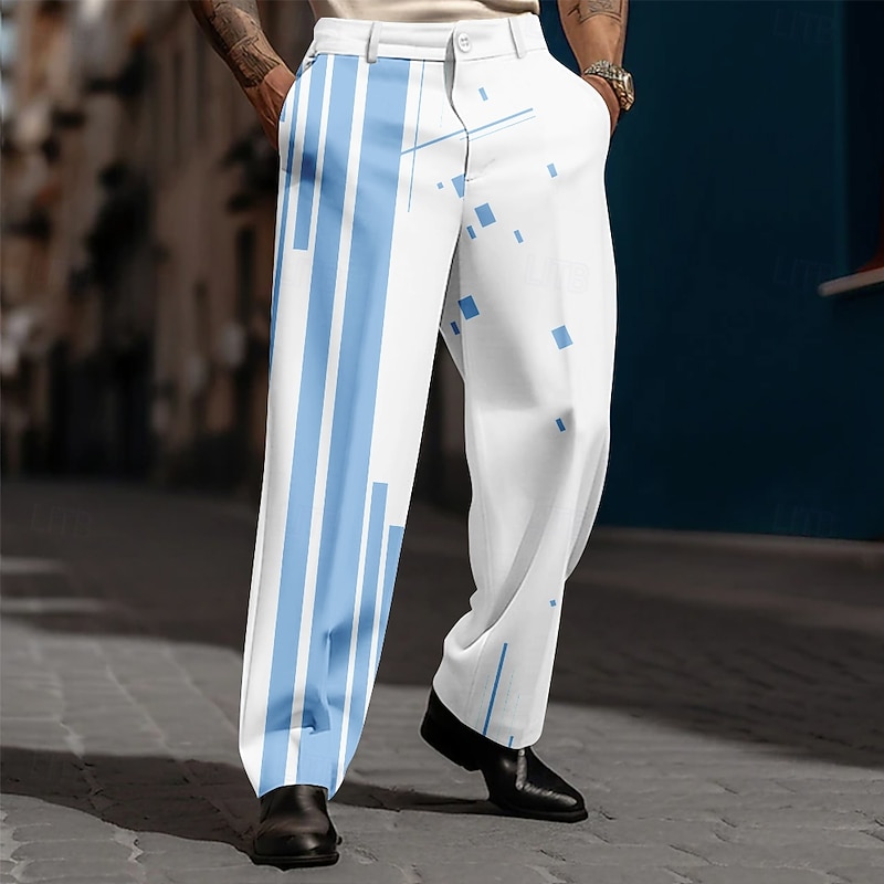 Men's Geometric Striped Dress Pants Trousers Suit Pants Mid Waist Casual Dailywear Holiday Streetwear Relaxed Fit Flat Front Dress Pants with Side Pockets Spring Fall 3D Print Black Blue Purple2