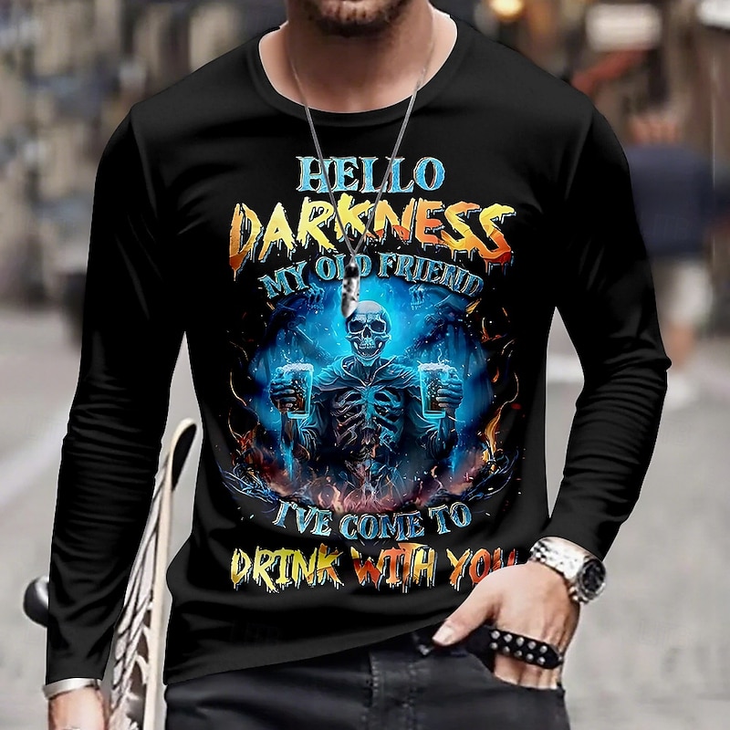 Halloween Men's Skull Reaper T Shirt Long Sleeve T shirt 3D Print Crew Neck Shirt Fashion Exaggerated Street Casual Daily Black Summer Spring Fall Clothing Apparel S M L XL XXL XXXL