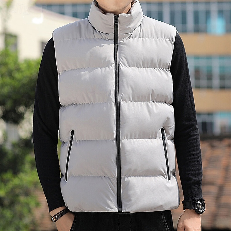 Men's Puffer Vest Vest Gilet Vacation Daily Date Fashion Casual Winter Pocket Polyester Warm Comfortable Solid Color Zipper Stand Collar Regular Fit Black Red Blue Gray Vest3
