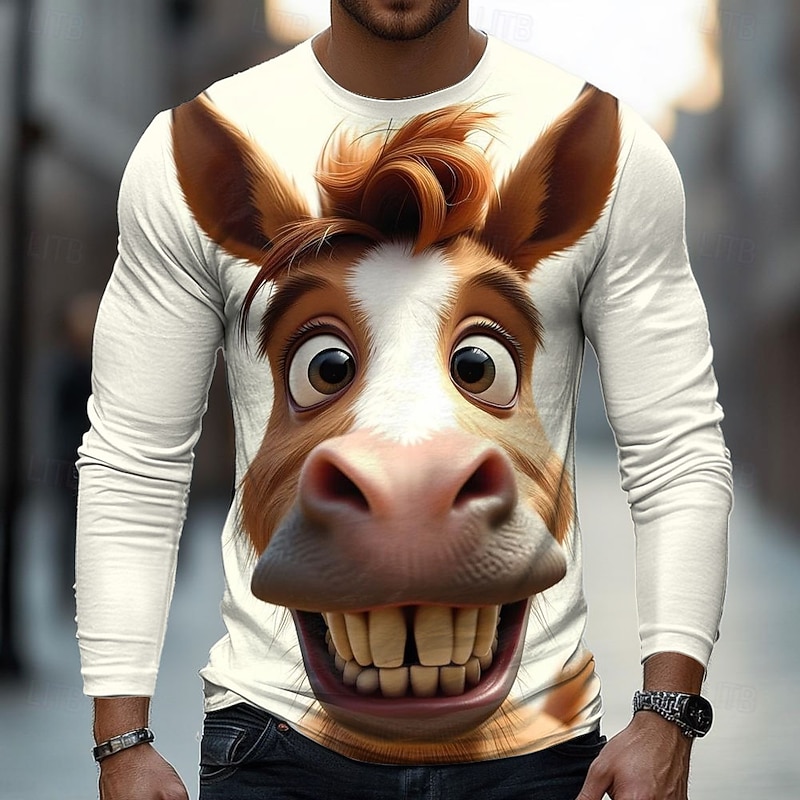 Men's Animal 3D Funny T Shirt Long Sleeve T shirt 3D Print Crew Neck Shirt Fashion Basic Street Casual Daily White 1 White Blue Summer Spring Clothing Apparel S M L XL XXL XXXL2