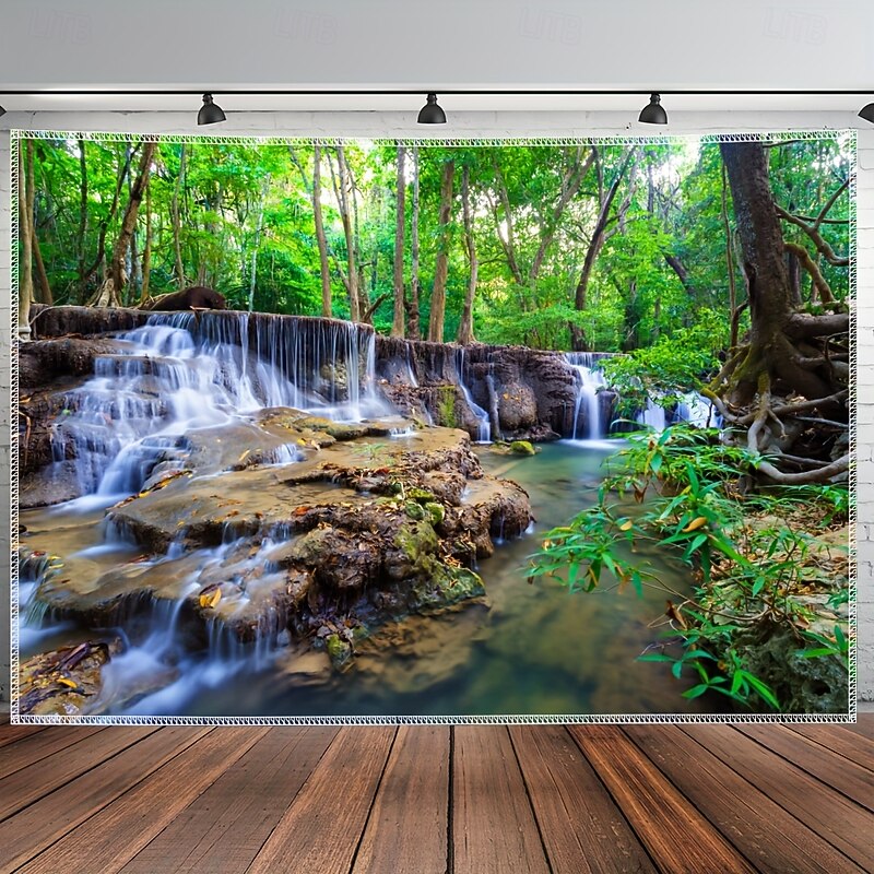 Forest Waterfall Tapestry – Nature Landscape Wall Hanging for Bedroom or Living Room Decor, Tranquil Jungle Stream Backdrop