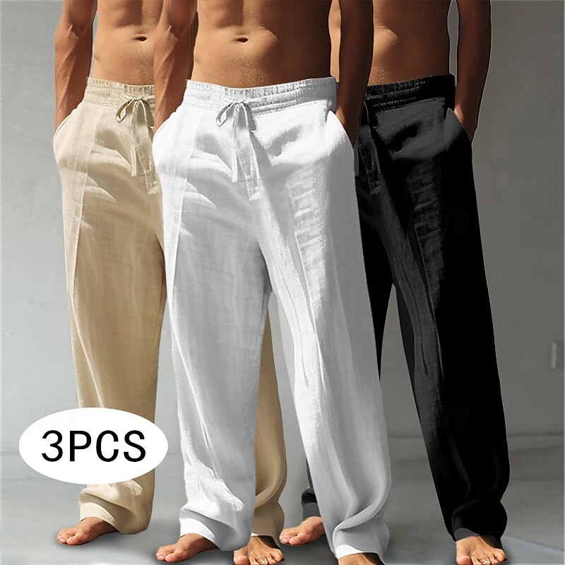 Men's Linen Pants Trousers Summer Pants Baggy Pants Beach Pants Drawstring Elastic Waist Straight Leg Plain Comfort Breathable Knee Length Outdoor Casual Daily Vacation Classic Style White+Black+Gray