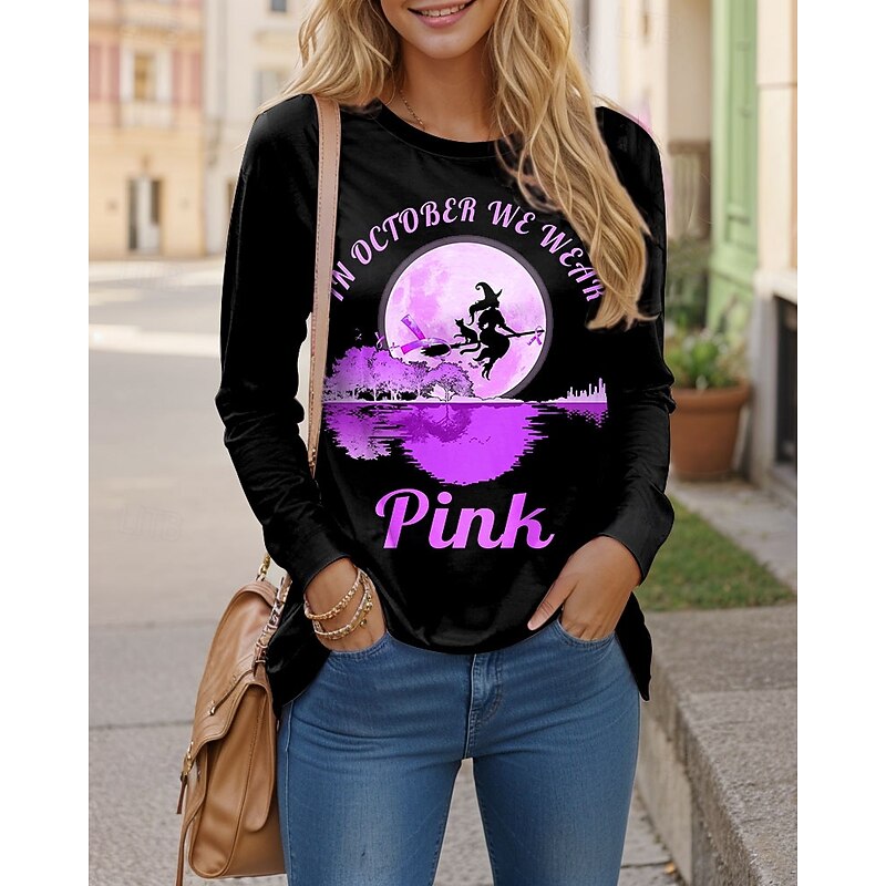 Halloween Women's T shirt Witch Graphic Letter Vintage Fashion Stylish Long Sleeve Crew Neck Regular Tops Daily Weekend Print Pink Purple Orange Green Spring Fall Winter4