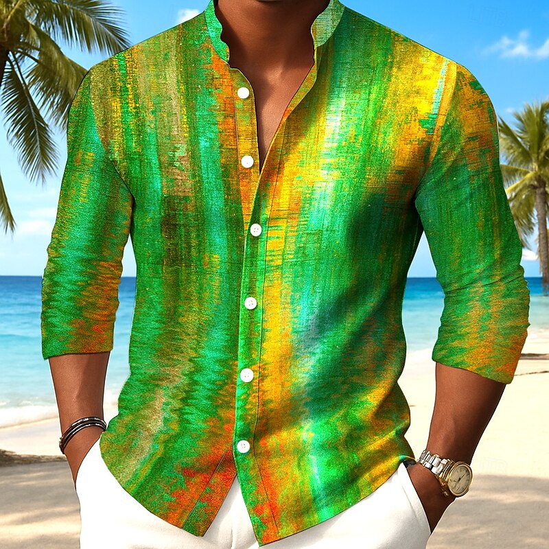 Men's Geometric Gradient Color Abstract Art Shirt Button Up Shirt Stand Collar Shirt Long Sleeve Casual Outdoor Vacation Daily Spring Fall Mandarin Collar Band Collar 3D Print Linen Like Shirt White4