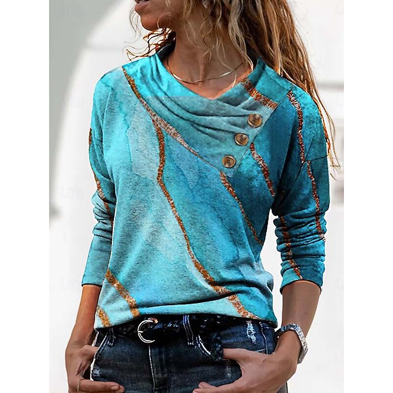 Women's T shirt Long Sleeve Geometric Abstract Basic Long Sleeve Pile Neck V Neck Regular Tops Daily Weekend Buttons Print Royal Blue Blue Gray Spring Fall Winter Prefall2