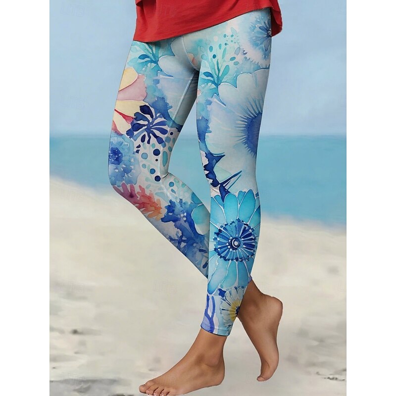 Women's Pants Trousers Leggings Cozy Leggings Streetwear Casual Full Length High Waist Floral Elastic Waist Print Breathability Comfortable Stretchy Vacation Street Daily Wear Pink Blue Purple Fuchsia