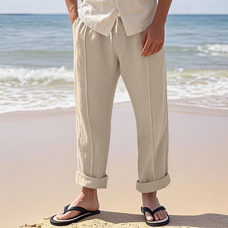 Men's Linen Pants Trousers Summer Pants Baggy Pants Drawstring Pleated Elastic Waist Plain Comfort Breathable Full Length Daily Holiday Beach Vacation Fashion Black White Inelastic