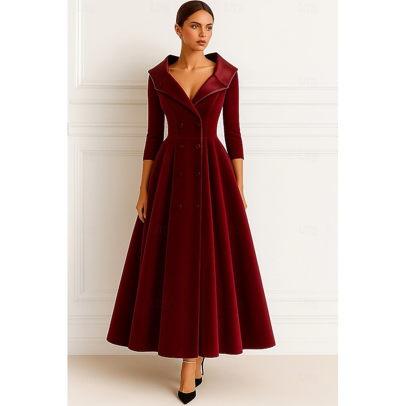 Red Black A-Line Mother of the Bride Dress Elegant Vintage Portrait Collar Floor Length Satin Velvet Long Sleeve with Ruching Solid Color