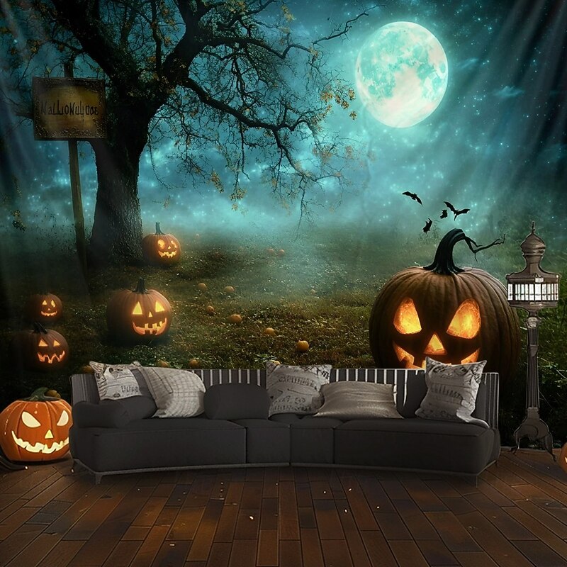 Halloween Pumpkin Tapestry – Spooky Jack-O'-Lantern Moonlight Forest Wall Art Backdrop, Large Hanging Mural Blanket Curtain for Home Bedroom Living Room Decoration4