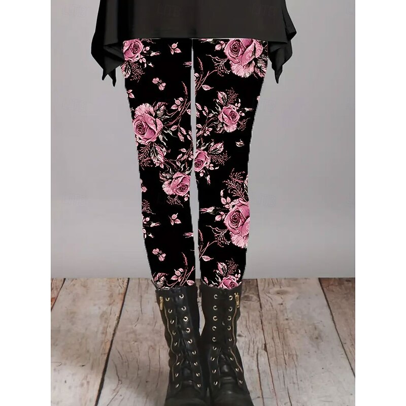 Women's Leggings Vacation Vintage Fashion Full Length High Waist Floral Graphic Printing Thermal Warm Soft Breathable Stretchy Formal Outdoor Vacation Pink Dark Pink Blue Purple Spring Fall Slim Fit