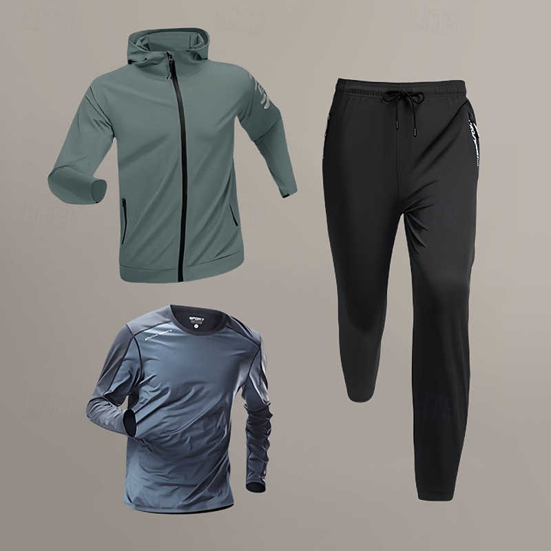 Men's Workout Suits 3 Piece Sports Set Solid Colored Clothing Suit Spring Green and Black Black Basketball Running Yoga High Waist Quick Dry Long Sleeve Sport Activewear Micro-elastic Regular Fit4