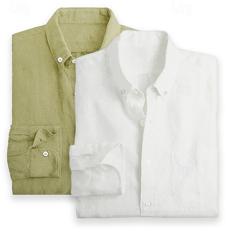 Men's Shirt Linen Shirt Summer Shirt Button Down Shirt Casual Shirt Plain Vacation Daily White+Pink White+Green Green+pink Pink+Blue Long Sleeve Lapel Summer Spring Clothing Apparel Pocket3