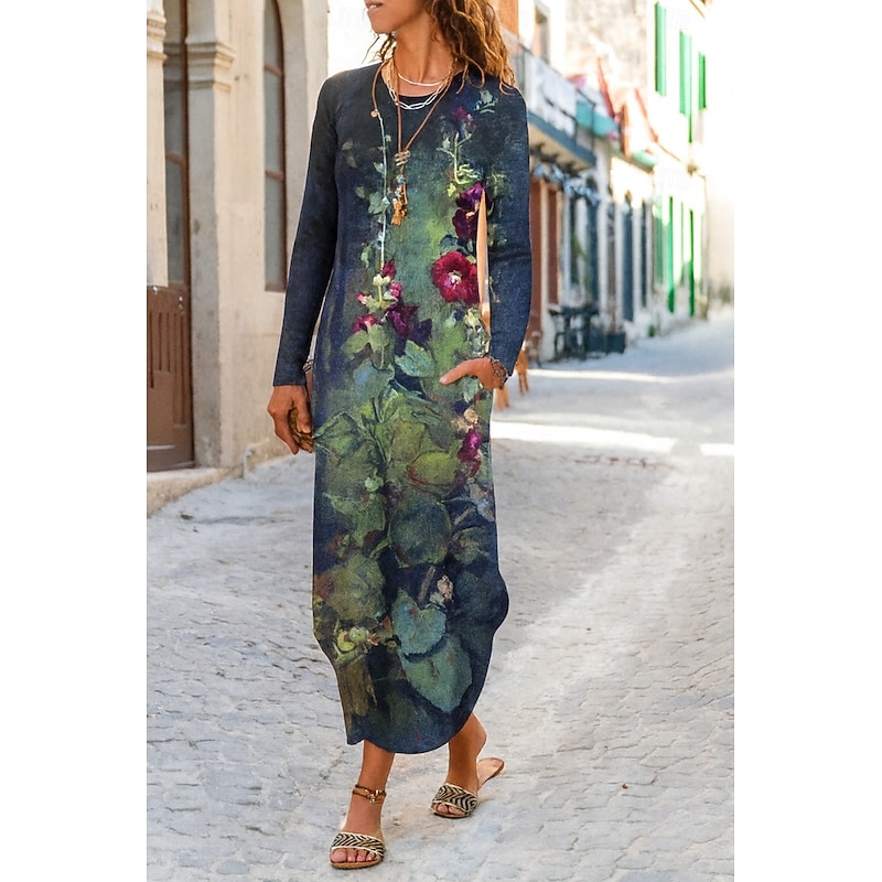 Women's Maxi Dress Sheath Dress T Shirt Dress Tee Dress Vacation Casual Daily Going out Loose Fit Floral Graphic Long Sleeve Crew Neck Purple Green Spring Fall Winter Autumn
