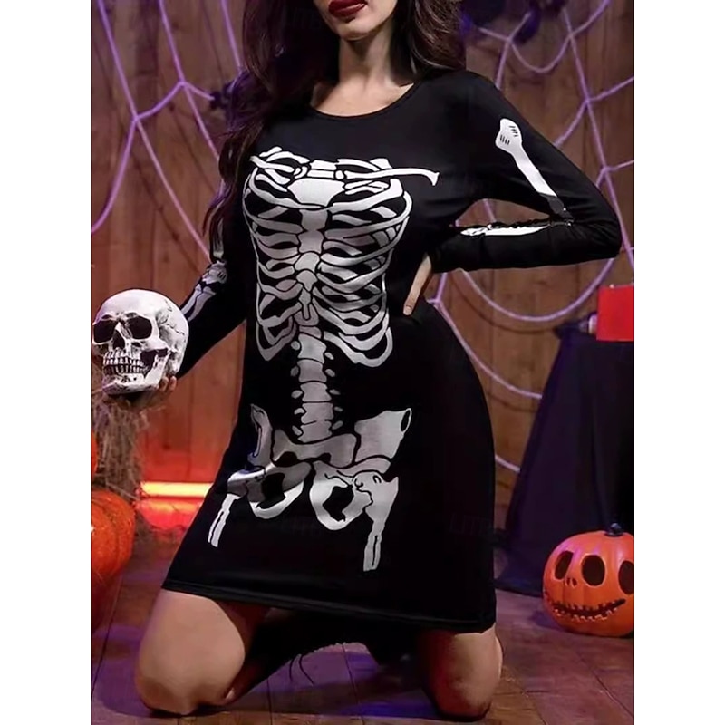 Halloween Women's Skulls Print Mini Dress T Shirt Dress Tee Dress Shift Dress Summer Dress Vacation Casual Party Daily Regular Fit Graphic Skull Long Sleeve Crew Neck Black Spring Fall Winter
