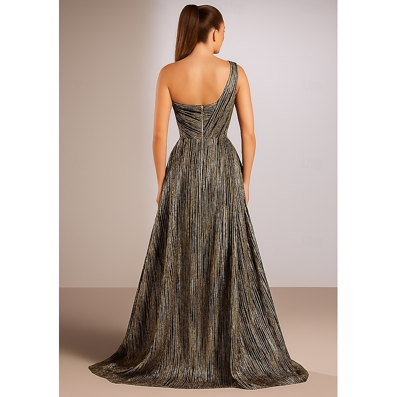 Black Gold A-Line Evening Gown Elegant Dress Formal Wedding Floor Length Sleeveless One Shoulder Pocket Pinstripe with Floral Print 20252