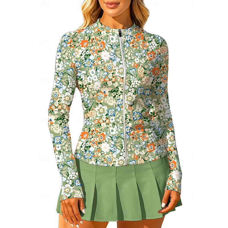 Women's Floral Tops Sport Shirt Tennis Shirt Tennis Top Long Sleeve Zipper Floral UPF50+ UV Resistant High Elasticity Moisture Wicking Breathable Volleyball Tennis Golf Round Stand Collar Tee Tshirt