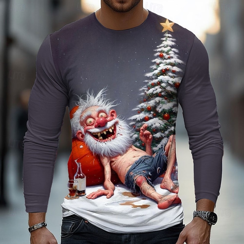Christmas Men's 3D Old Man T Shirt Long Sleeve T shirt 3D Print Crew Neck Shirt Fashion Basic Street Casual Daily Light Blue Dark Grey#1 Purple Summer Spring Clothing Apparel S M L XL XXL XXXL3