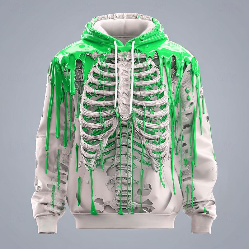 Halloween Men's 3D Skeleton Hoodie Sweatshirt Punk Exaggerated Crew Neck Club Streetwear Lake blue Red Drawstring Fall Winter Designer3