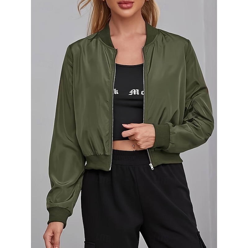 Women's Bomber Jacket Comfortable Breathable Zipper Casual Plain Vacation Street Casual Daily Wear Zipper Short Stand Collar Regular Fit Long Sleeve Outerwear Black Red Army Green Spring Fall3