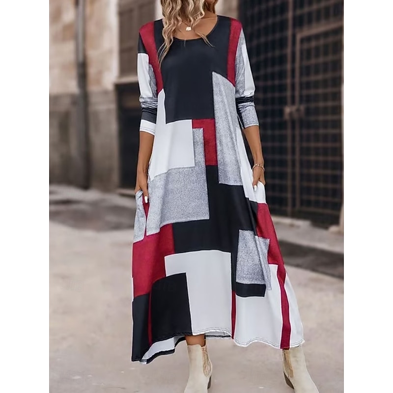 Women's Maxi Dress A Line Dress Summer Dress Vacation Casual Regular Fit Graphic Geometric Abstract Long Sleeve Crew Neck Red Spring Fall Winter2